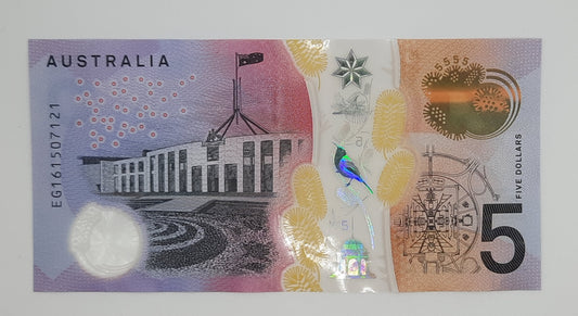 2016 Reserve Bank of Australia - 5 (Five) AUD Australian Dollars Banknote Serial No. EG 161507121 P-62a