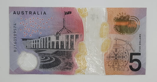 2016 Reserve Bank of Australia - 5 (Five) AUD Australian Dollars Banknote Serial No. BJ 160989574 P-62a