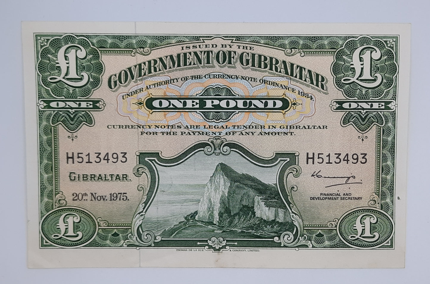 1975 Government of Gibraltar - £1 (One) Gibraltar Pound Banknote First Run Serial No. H 513493 P-18c