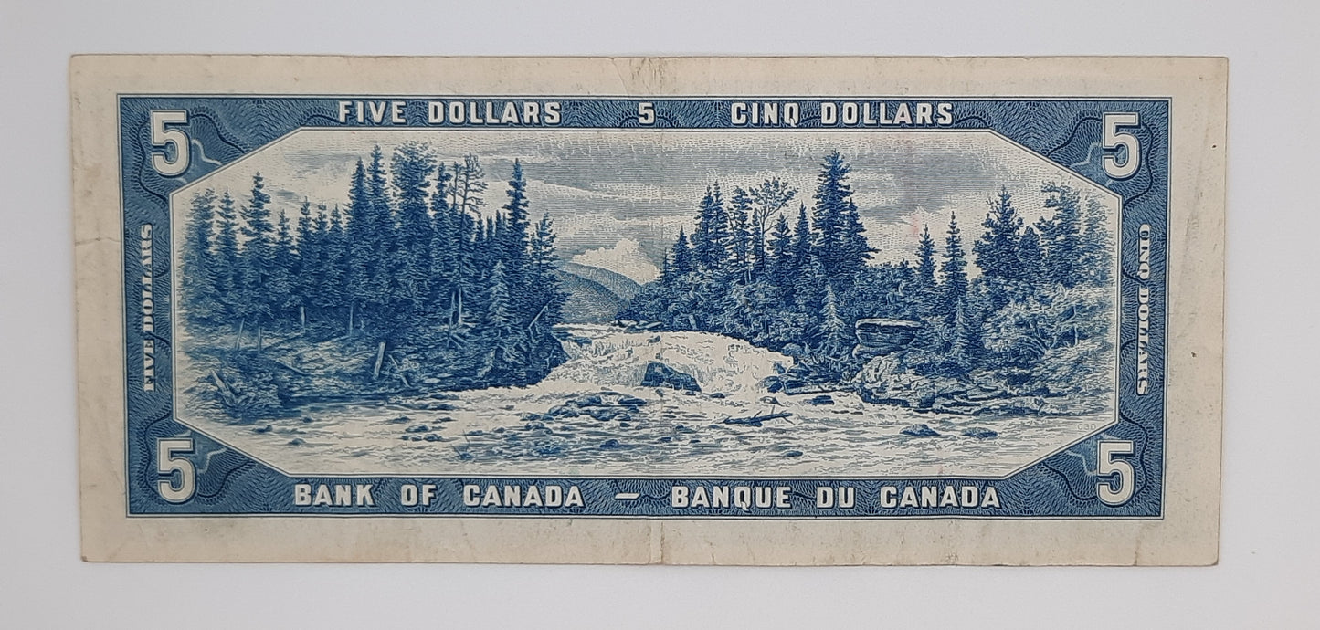 1954 Bank of Canada / Banque Du Canada - 5 (Five) Canadian Dollars CAD Banknote Serial No. M5 4435869