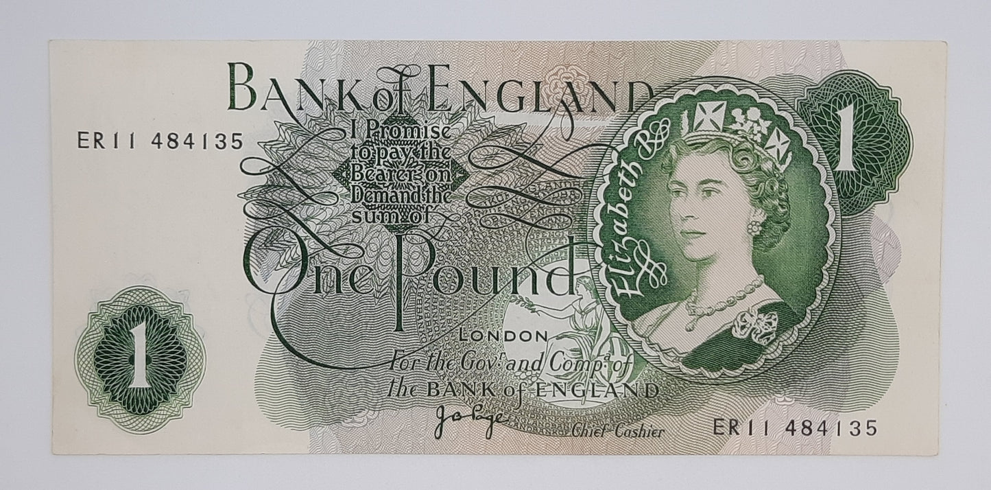 1970 Bank of ENGLAND, UK - £1 (One) British Pound Banknote Serial No. ER11 484135 P-374