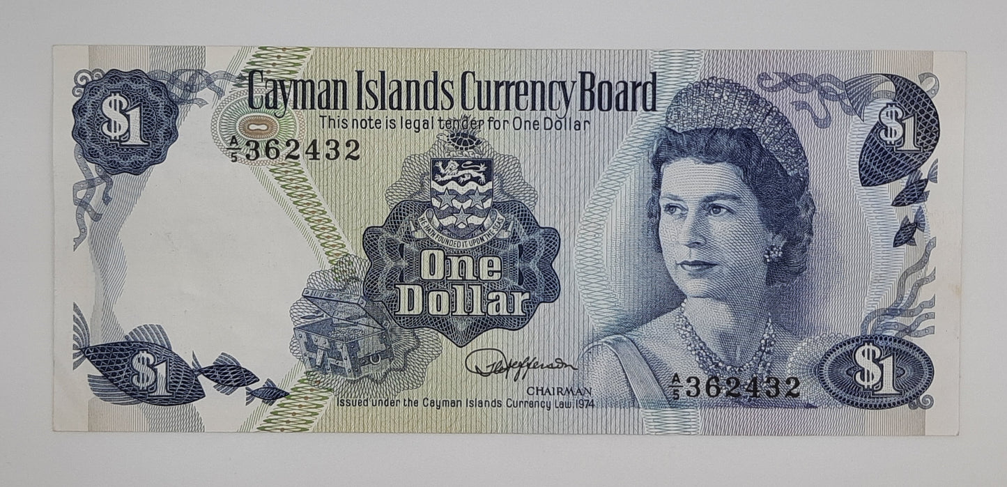 1974 Cayman Islands Currency Board - 1 (One) Dollar Banknote Serial NO. A5 362432 P-5d