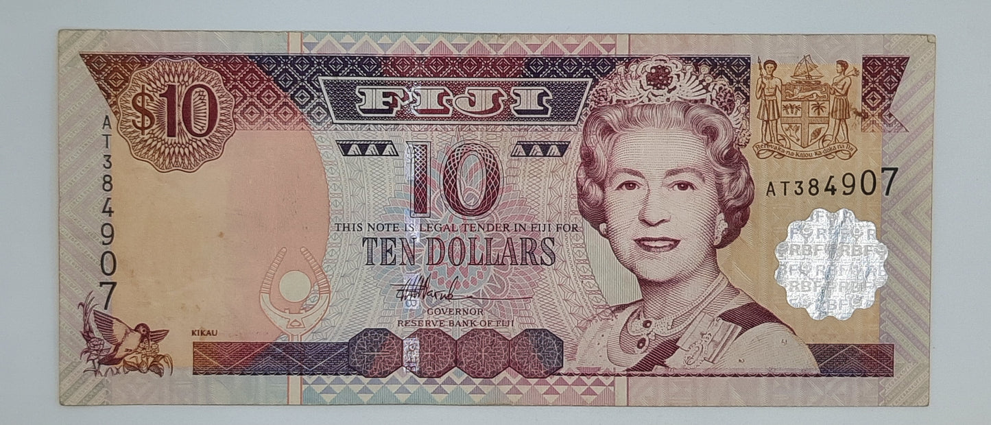2002 Reserve Bank of Fiji - 10 (Ten) Fiji Dollars Banknote Serial No. AT 384907 P-106