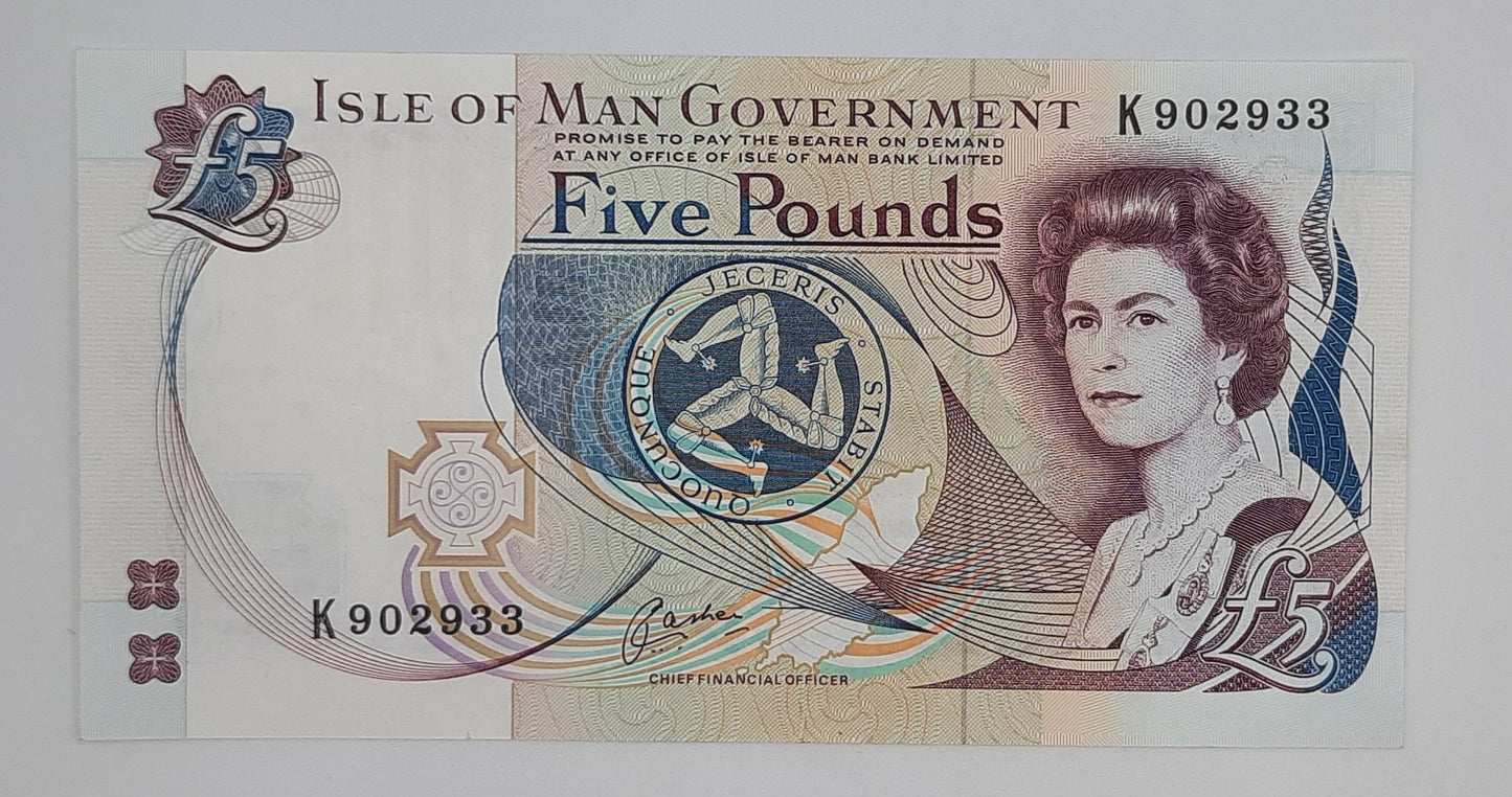 1991 Isle of Man Government - 5 Pounds Manx IMP Banknote Serial No. K 902933 P-41b