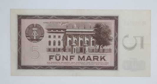 1964 East Germany GDR, Deutsche Notenbank der DDR - 5 (Five) German Mark Banknote Serial No. JR960043 P-22