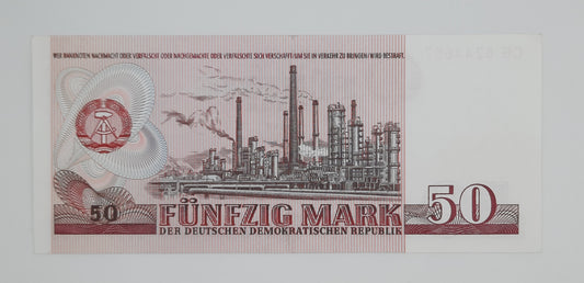 1971 East Germany GDR, Deutsche Notenbank der DDR - 50 (Fifty) German Mark Banknote Serial No. CB 8244657 P-30 UNC