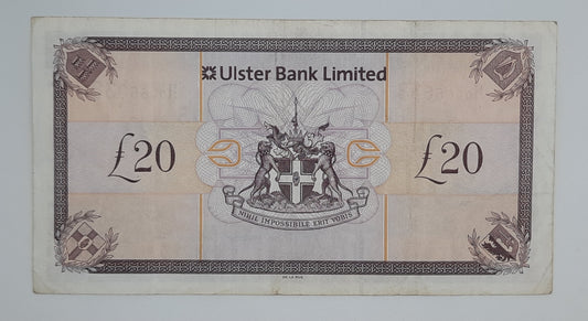 2008 Ulster Bank, Northern Ireland UK - 20 Northern Irish Pounds Note Serial No. H 0966838 P-342a