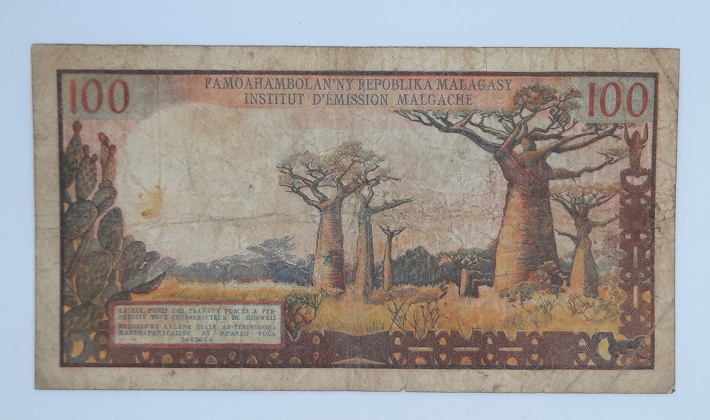 1966 Institute D'Emission Malgache (Central Bank of Madagascar) - 100 Francs Banknote, Serial No. N6 11984 P-57a