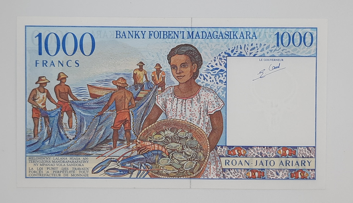 1995 Banki Foiben'i Madagascar (Central Bank of Madagascar)- 1000 Francs Banknote, Serial No. C 50896571 P-76