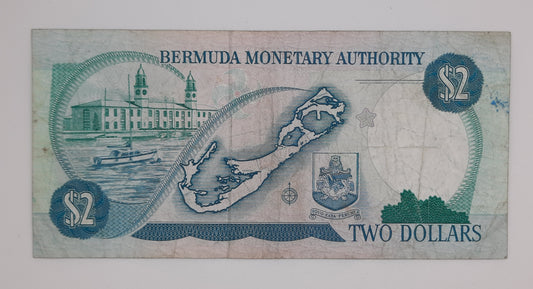 1988 Bermuda Monetary Authority - 2 (Two) Dollars BMD Banknote Serial No, B1 004542 P-34a
