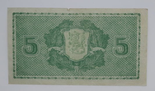1939 Finland, Suomen Pankki - 5 (Five) Finnish Markkaa / Marks Banknote Serial No. C 7327786 P-69a