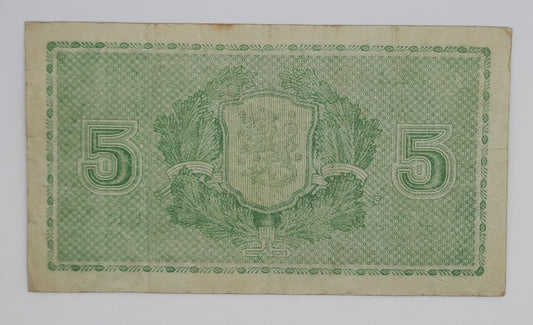 1939 Finland, Suomen Pankki - 5 (Five) Finnish Markkaa / Marks Banknote Serial No. D 1911810 P-69a