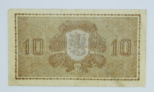1939 Finland, Suomen Pankki - 10 (Ten) Finnish Markkaa / Marks Banknote Serial No. D 4479478 P-70a