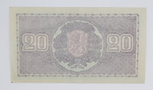 1939 Finland, Suomen Pankki - 20 Finnish Markkaa / Marks Banknote Serial No. D 6525878 P-71a