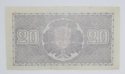 1939 Finland, Suomen Pankki - 20 Finnish Markkaa / Marks Banknote Serial No.D 7064931 P-71a