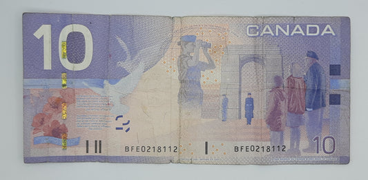 2005 Bank of Canada / Banque Du Canada - 10 Canadian Dollars CAD Banknote Serial No. BFE 0218112 P-102a
