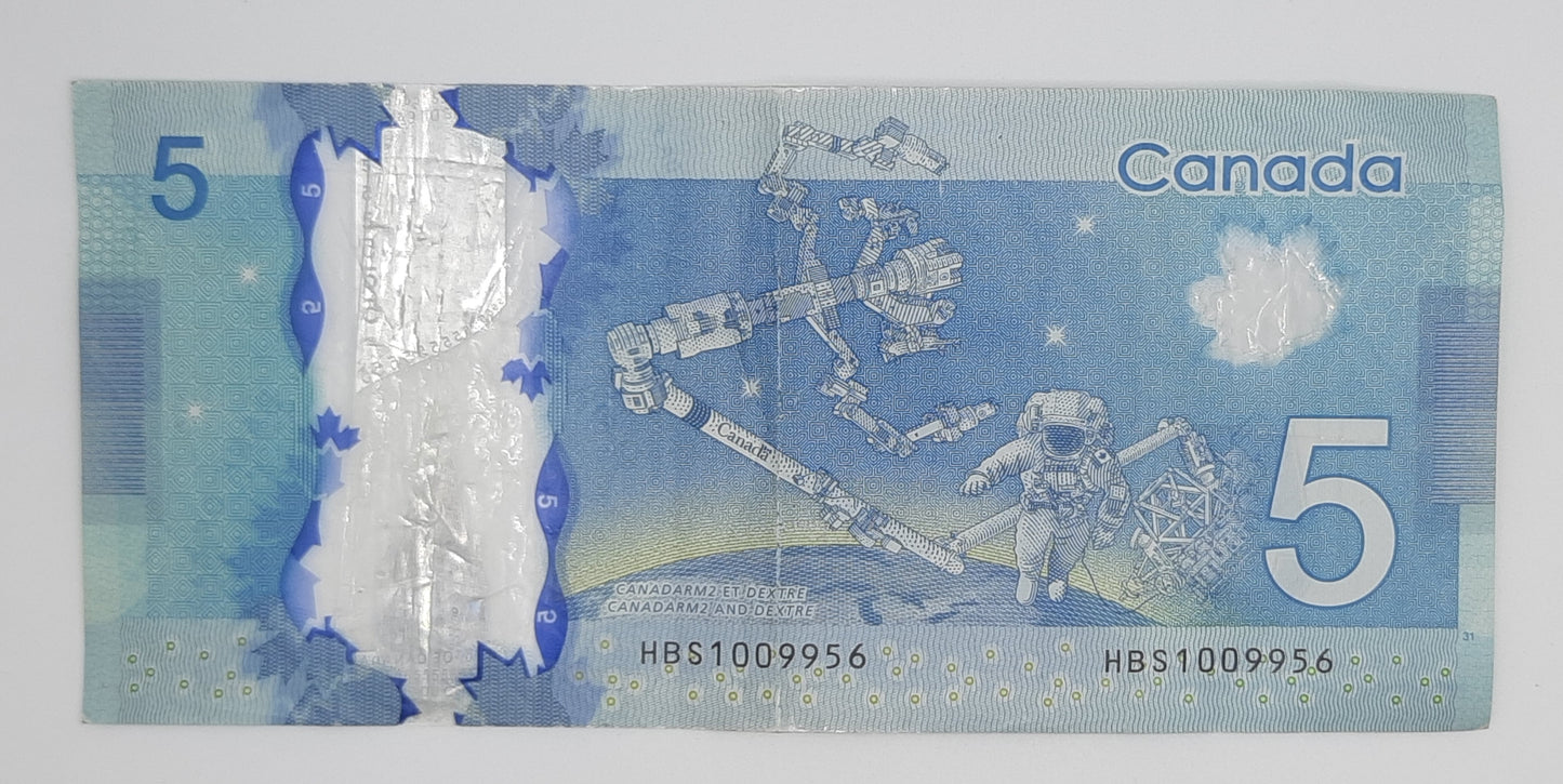 2013 Bank of Canada / Banque Du Canada - 5 Canadian Dollars CAD Banknote Serial No. HBS 1009956 P-106