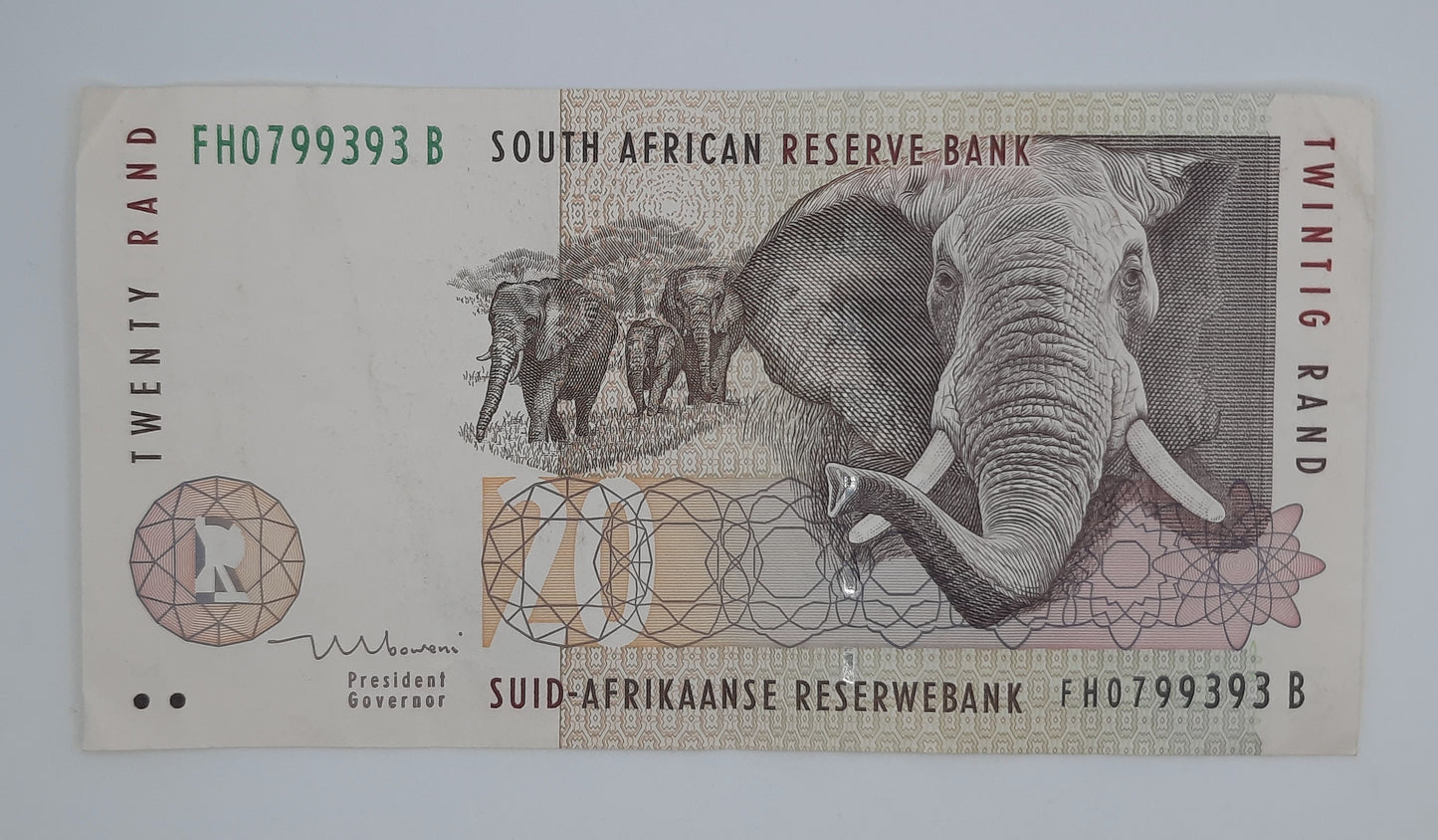 1999 South African Reserve Bank / 20 South African Rand ZAR Banknote Serial No. FH 0799393 B P-124b