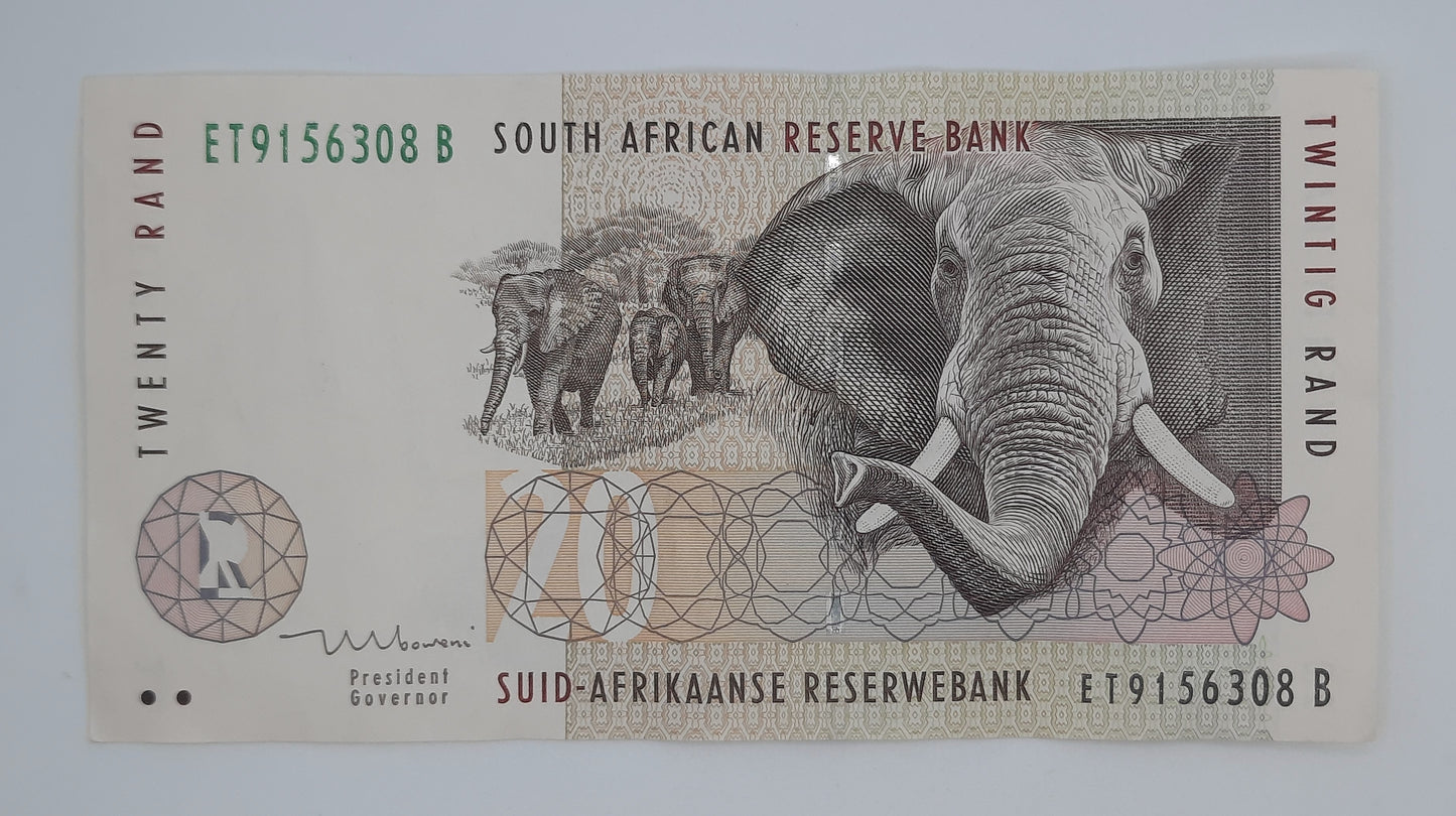 1999 South African Reserve Bank / 20 South African Rand ZAR Banknote Serial No. ET 9156308 B