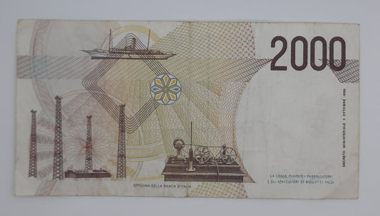 1990 Banca D'Italia, Italy - 2000 Italian Lire ITL Banknote P-115 Serial No. PB 781892 E