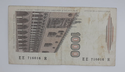1982 Banca D'Italia, Italy - 1000 Italian Lire ITL Banknote P-109 Serial No. EE 716016 R