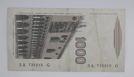 1982 Banca D'Italia, Italy - 1000 Italian Lire ITL Banknote P-109 Serial No. SA 735215 G