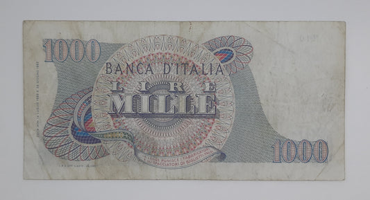 1962 Banca D'Italia, Italy - 1000 Italian Lire ITL Banknote P-96 Serial No. R10 907641