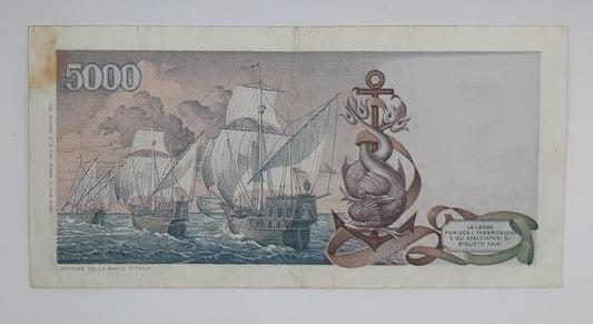 1973 Banca D'Italia, Italy - 5000 Italian Lire ITL Banknote P-102b Serial No. ZA 417788