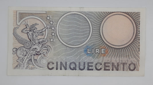 1976 Banca D'Italia, Italy - 500 Italian Lire ITL Banknote P-95 Serial NO. Q23 823102