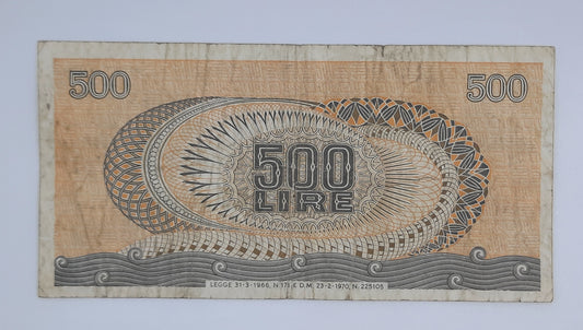 1970 Banca D'Italia, Italy - 500 Italian Lire ITL Banknote P-93a Serial No. F24 409329