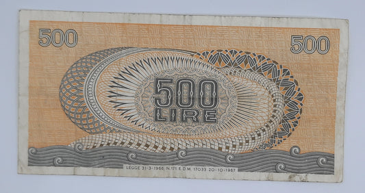 1967 Banca D'Italia, Italy - 500 Italian Lire ITL Banknote P-93a Serial No. R16 585070