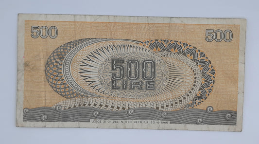 1966 Banca D'Italia, Italy - 500 Italian Lire ITL Banknote P-93a Serial No. X12 817010