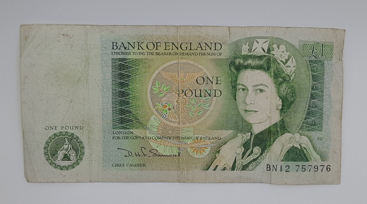 1981 Bank of ENGLAND, United Kingdom - £1 (One) British Pound Banknote Somerset, Serial No. BN12 757976