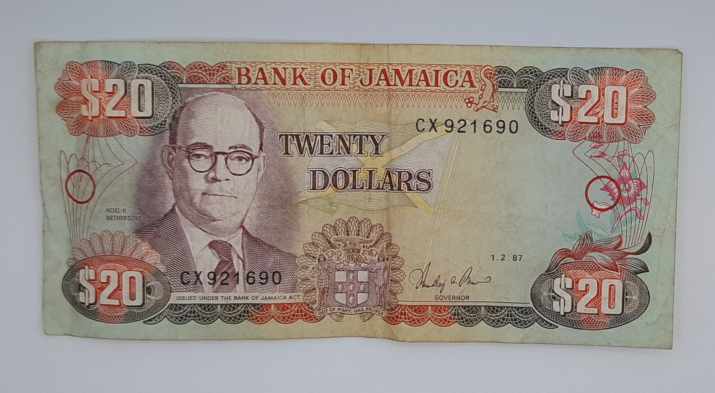 1987 Jamaica, Bank of Jamaica - 20 Jamaican Dollars Banknote P-72 Serial No. CX 921690