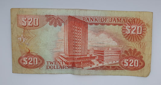 1987 Jamaica, Bank of Jamaica - 20 Jamaican Dollars Banknote P-72 Serial No. CX 921690
