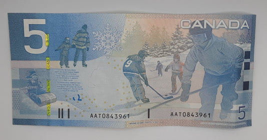 2009 Bank of Canada / Banque Du Canada - 5 Canadian Dollars CAD Banknote P-102c Serial No. AAT 0843961