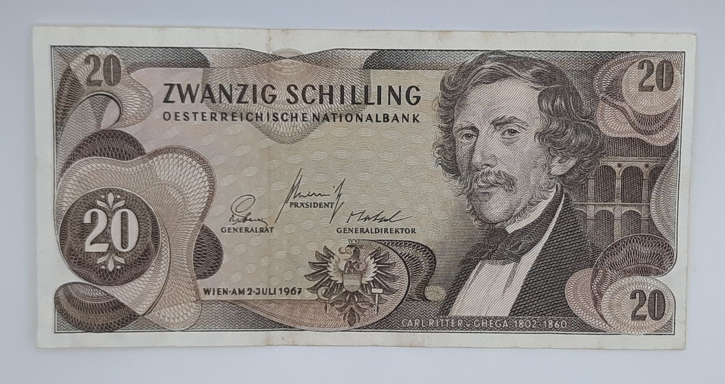 1967 Austria, Austrian National Bank - 20 Austrian Schilling Banknote P-142 No. G 373097
