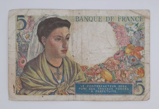 1943 Banque De France - 5 (Five) French Francs Banknote P-98a Serial No. E113 16862