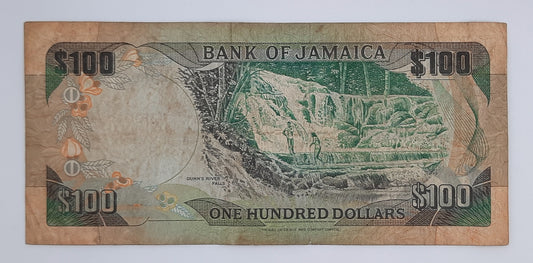 1992 Jamaica, Bank of Jamaica - 100 Jamaican Dollars Banknote P-75b Serial No. CW 624860