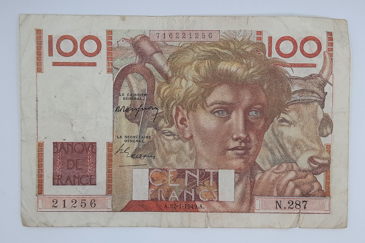 1949 Banque De France - 100 French Francs Banknote P-128b Serial No. N287 21256