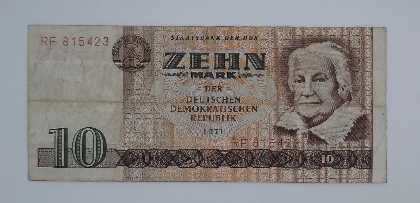 1971 (1975) East Germany GDR, Deutsche Notenbank der DDR - 10 (Ten) German Mark Banknote Serial No. RF 815423 P-25f
