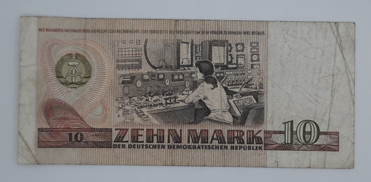 1971 (1975) East Germany GDR, Deutsche Notenbank der DDR - 10 (Ten) German Mark Banknote Serial No. CR 0132077 P-25f