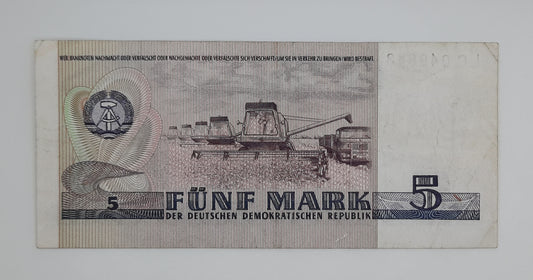1975 East Germany GDR, Deutsche Notenbank der DDR - 5 Ostmark German Mark Banknote Serial No. LC 046843 P-24f