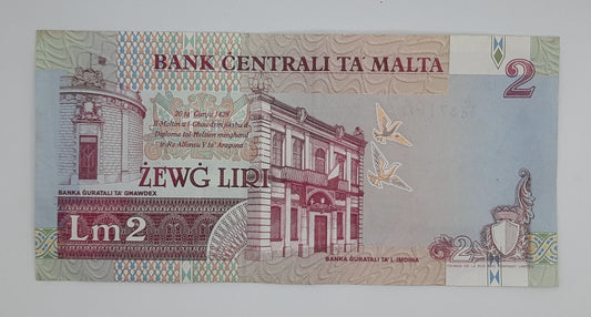 1989 Bank Centrali ta' Malta - 2 Maltese Pounds / Lira Banknote P-41a Serial No. A10 371967