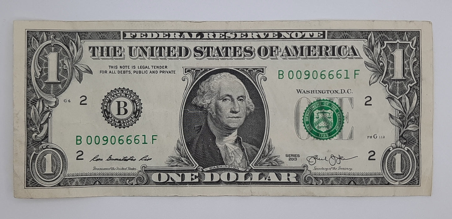 2013 United States of America - 1 (One) US Dollar Federal Reserve Banknote P-471 B 00906661 F