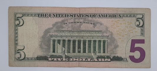 2013 United States of America - 5 (Five) US Dollars Federal Reserve Banknote P-473 Serial No. ML 93472968 E