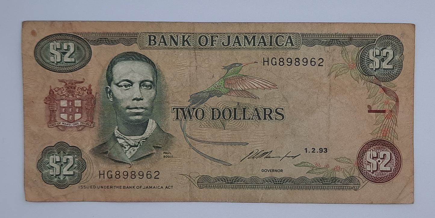 1993 Jamaica, Bank of Jamaica - 2 Jamaican Dollars Banknote P-69e Serial No. HG 898962