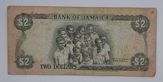 1993 Jamaica, Bank of Jamaica - 2 Jamaican Dollars Banknote P-69e Serial No. HG 898962