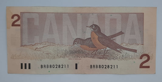 1986 Bank of Canada / Banque Du Canada - 2 (Two) Canadian Dollars CAD Banknote Serial No. BRB 8028211 P-94
