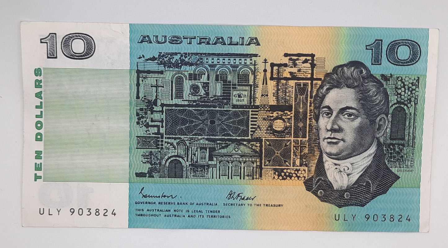 1989 Reserve Bank of Australia - 10 AUD Australian Dollars Banknote P-45e Serial No. ULY 903824